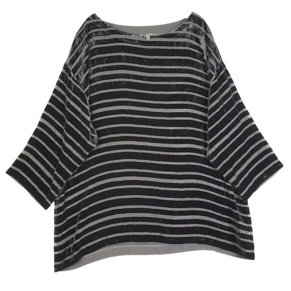 Eileen Fisher Top Womens XL Black Velvet Stripe Boxy Long Sleeve Staple Burnout - Picture 2 of 9